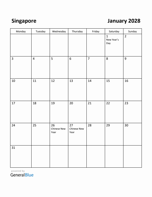 January 2028 Calendar with Singapore Holidays