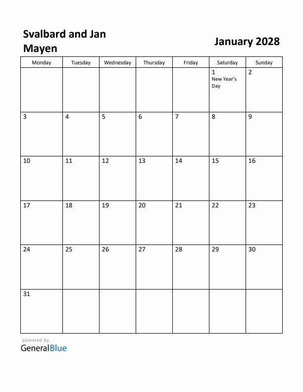 January 2028 Calendar with Svalbard and Jan Mayen Holidays