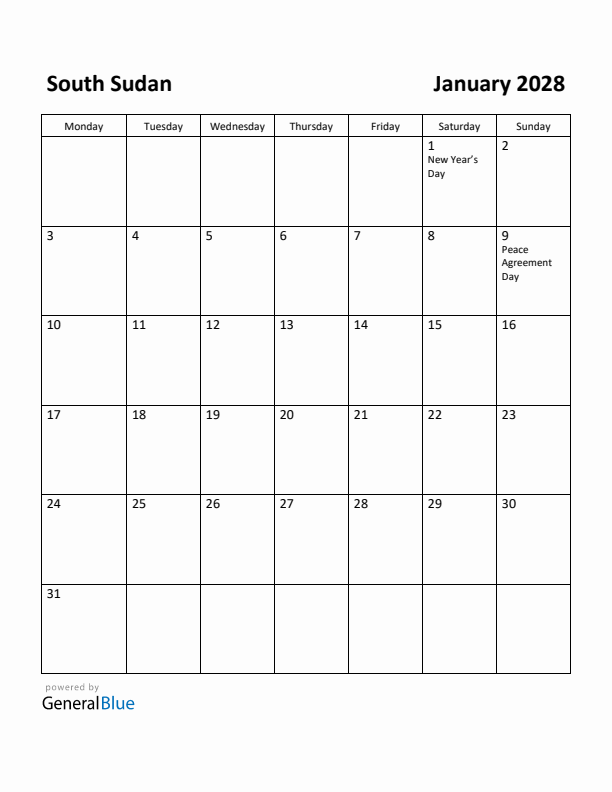 January 2028 Calendar with South Sudan Holidays