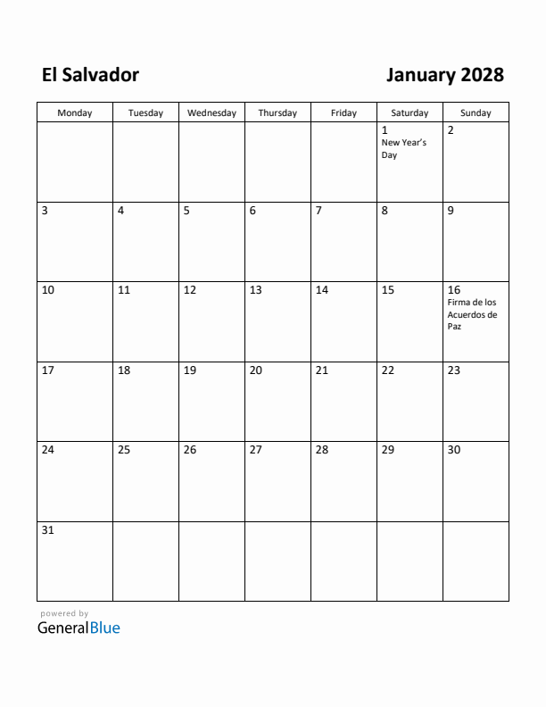 January 2028 Calendar with El Salvador Holidays