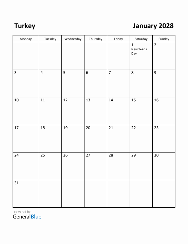 January 2028 Calendar with Turkey Holidays