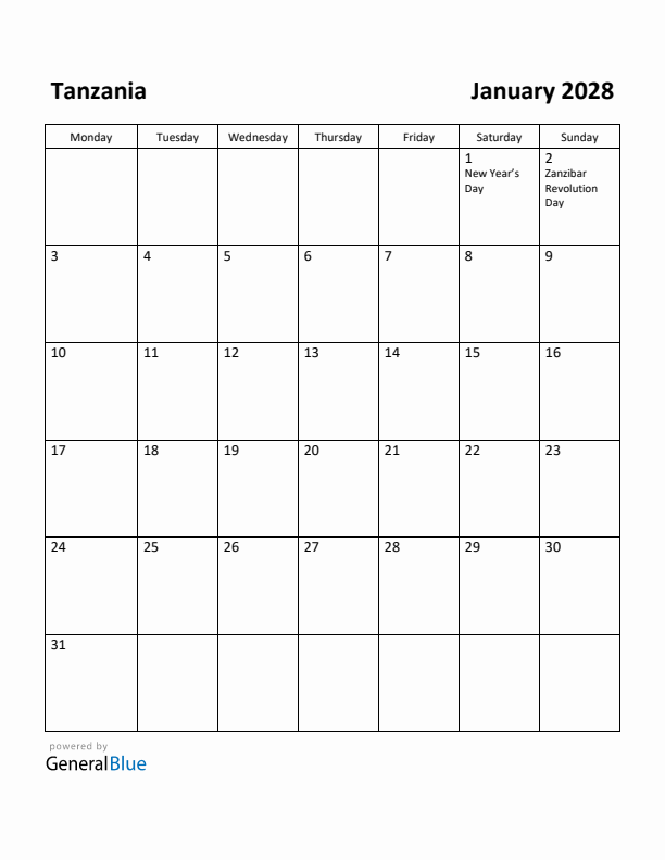 January 2028 Calendar with Tanzania Holidays