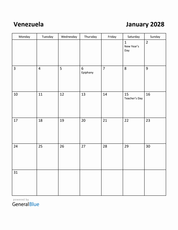 January 2028 Calendar with Venezuela Holidays