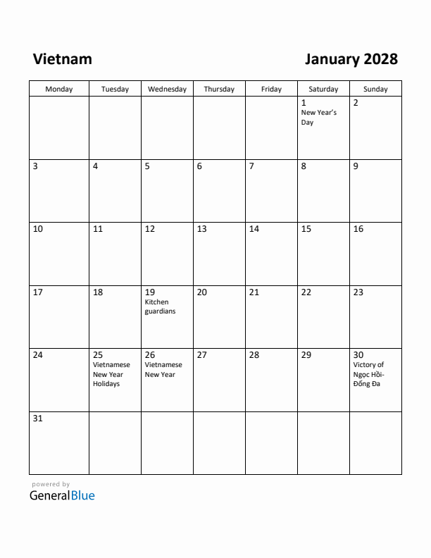 January 2028 Calendar with Vietnam Holidays