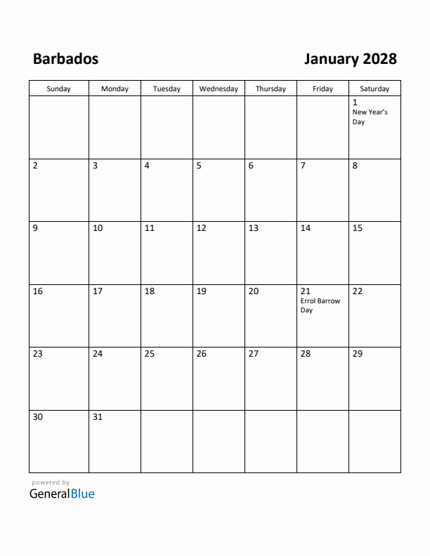 January 2028 Calendar with Barbados Holidays