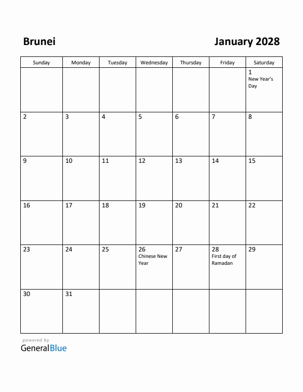 January 2028 Calendar with Brunei Holidays