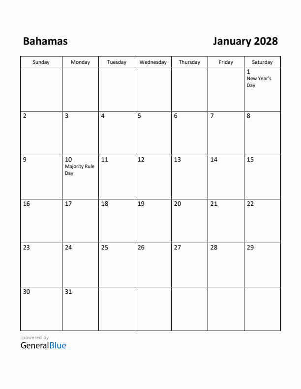 January 2028 Calendar with Bahamas Holidays