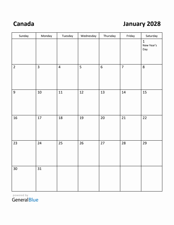 January 2028 Calendar with Canada Holidays