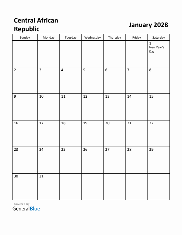 January 2028 Calendar with Central African Republic Holidays