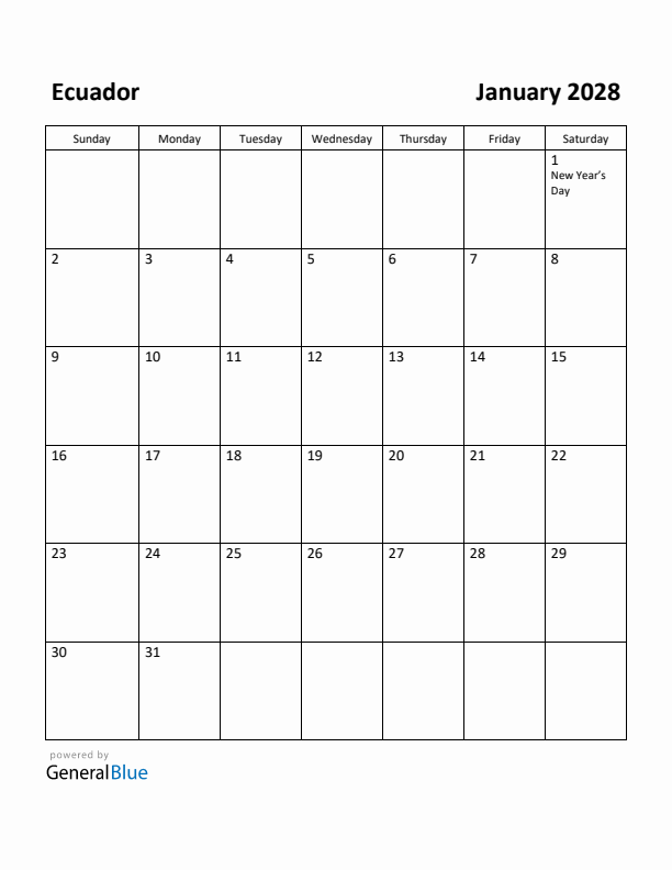 January 2028 Calendar with Ecuador Holidays