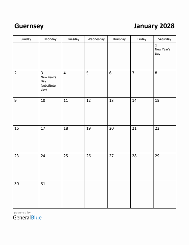 January 2028 Calendar with Guernsey Holidays