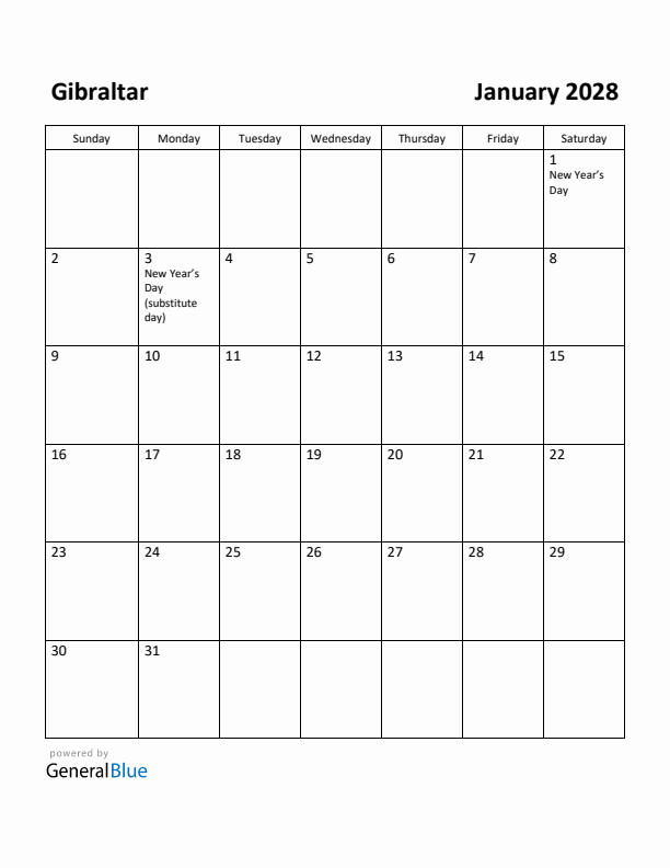 January 2028 Calendar with Gibraltar Holidays