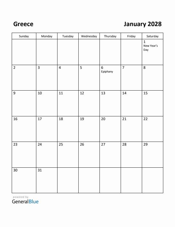 January 2028 Calendar with Greece Holidays