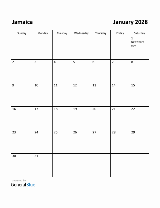 January 2028 Calendar with Jamaica Holidays