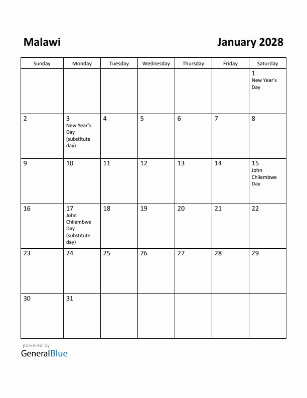 January 2028 Calendar with Malawi Holidays