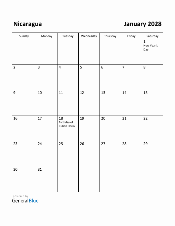 January 2028 Calendar with Nicaragua Holidays