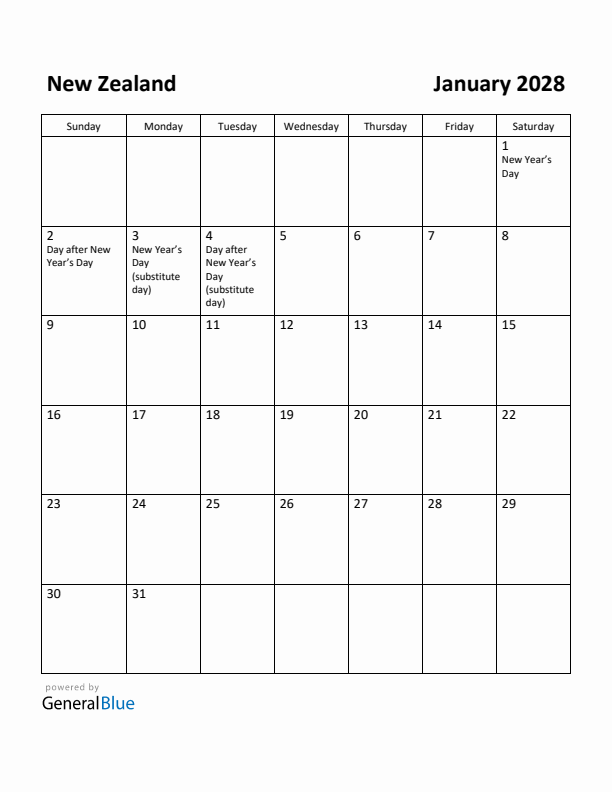 January 2028 Calendar with New Zealand Holidays