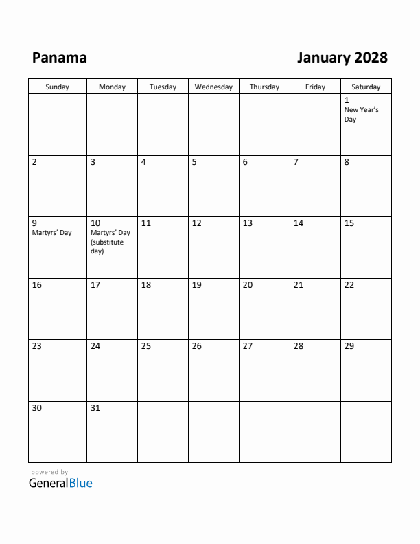 January 2028 Calendar with Panama Holidays