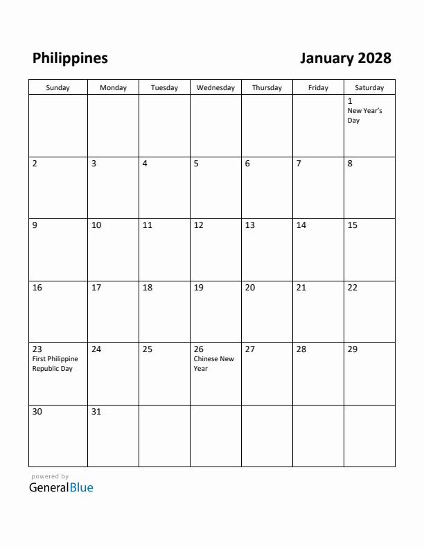 January 2028 Calendar with Philippines Holidays