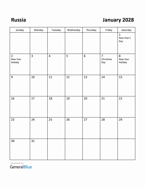 January 2028 Calendar with Russia Holidays