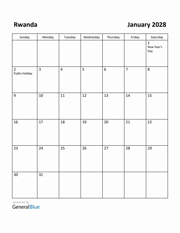 January 2028 Calendar with Rwanda Holidays