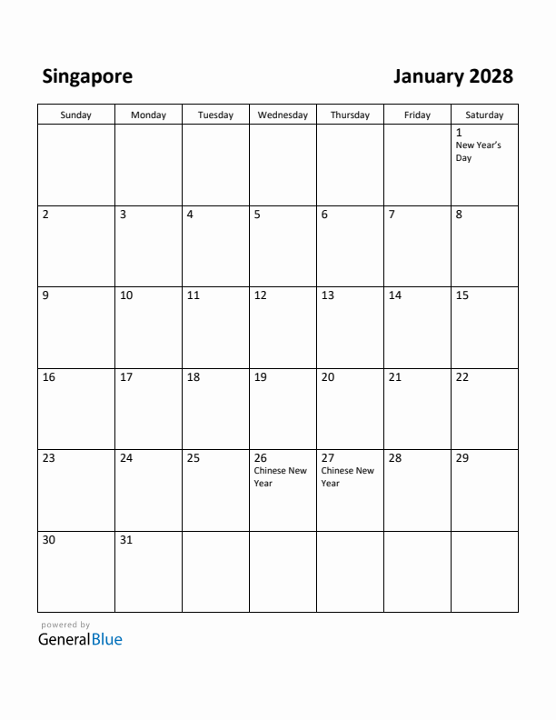 January 2028 Calendar with Singapore Holidays