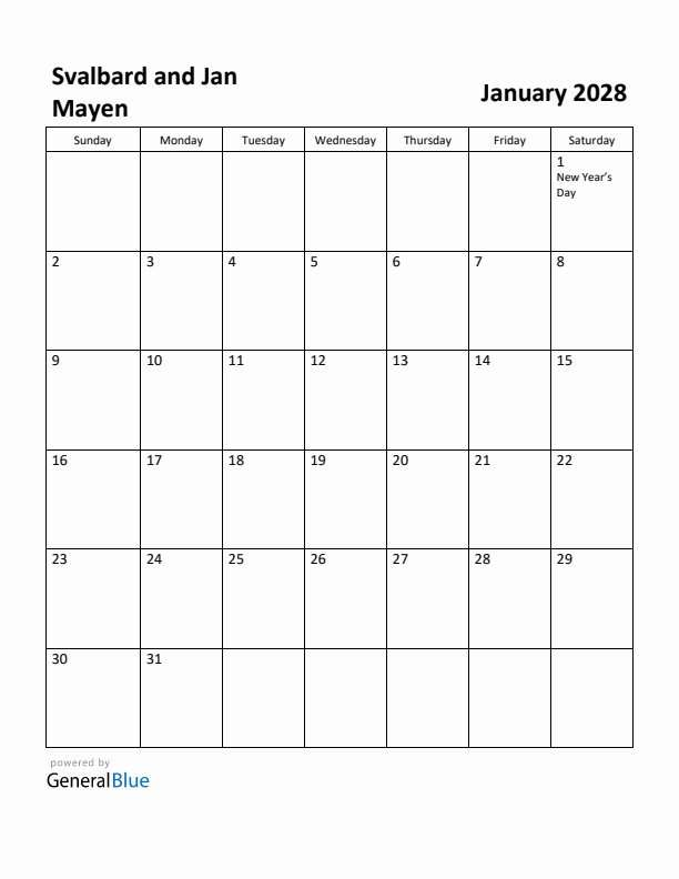 January 2028 Calendar with Svalbard and Jan Mayen Holidays