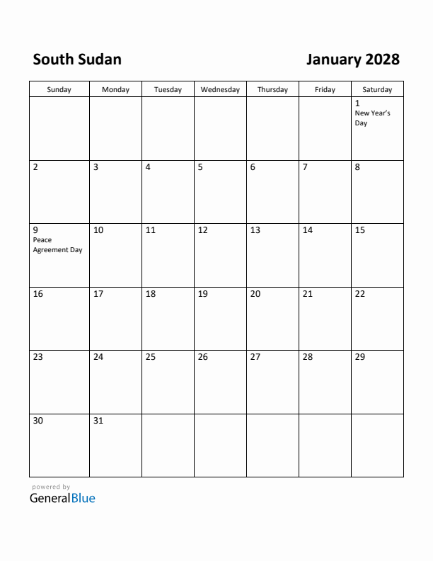 January 2028 Calendar with South Sudan Holidays