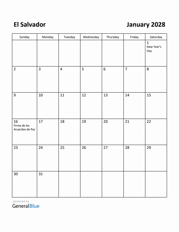 January 2028 Calendar with El Salvador Holidays