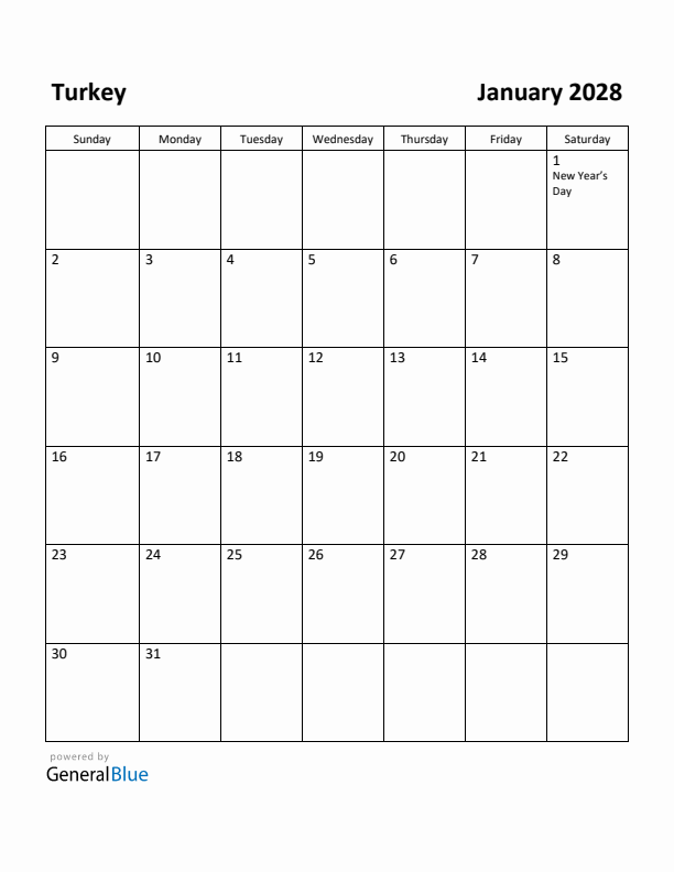 January 2028 Calendar with Turkey Holidays