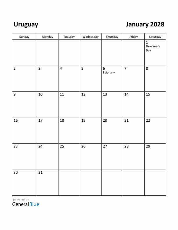 January 2028 Calendar with Uruguay Holidays