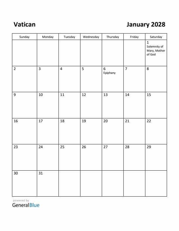 January 2028 Calendar with Vatican Holidays