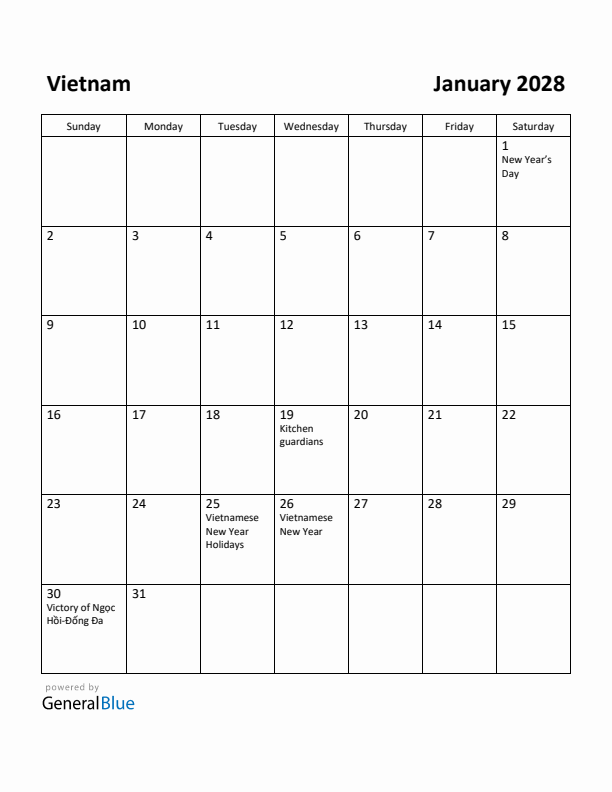 January 2028 Calendar with Vietnam Holidays