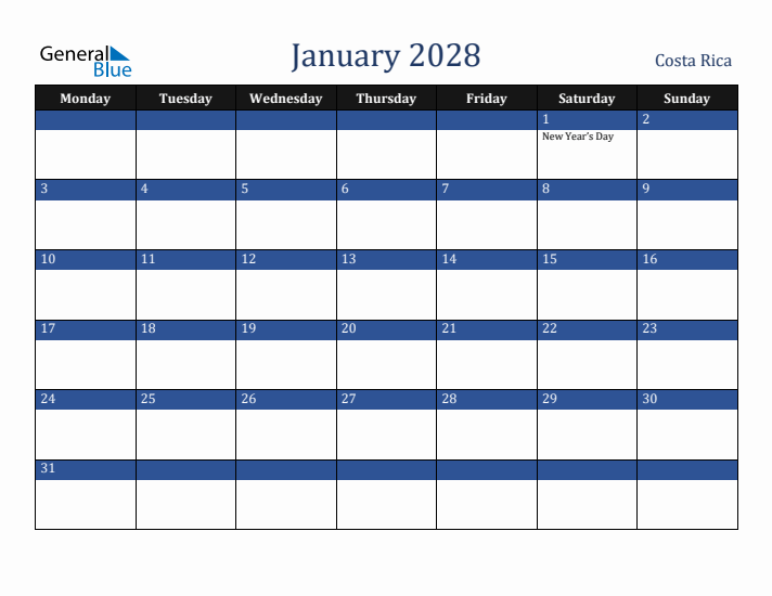 January 2028 Costa Rica Calendar (Monday Start)