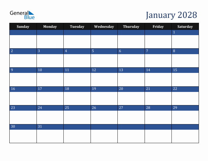 Sunday Start Calendar for January 2028