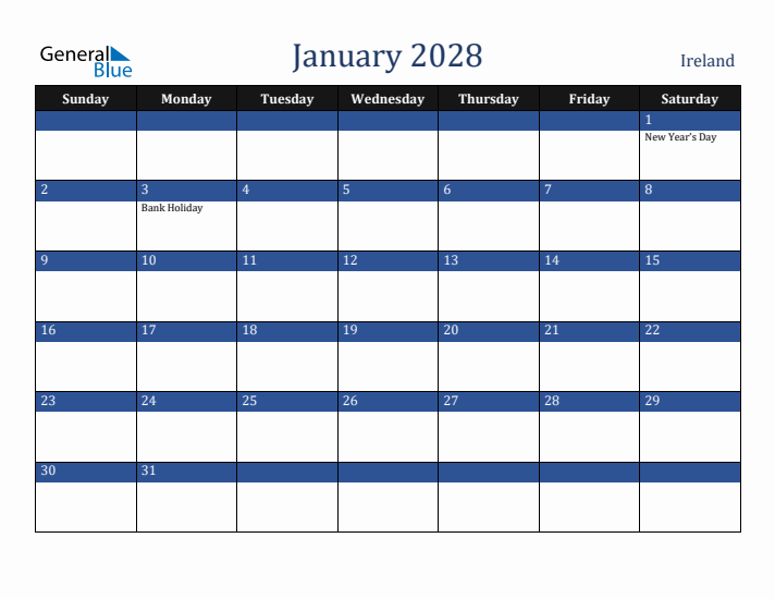 January 2028 Ireland Calendar (Sunday Start)