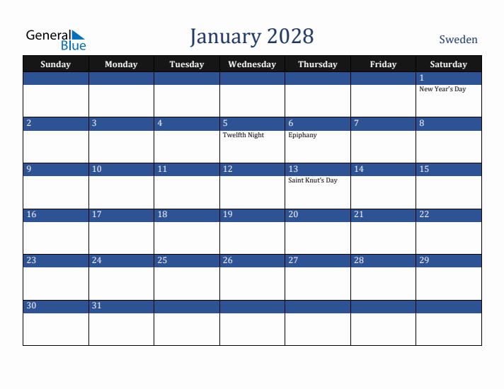 January 2028 Sweden Calendar (Sunday Start)