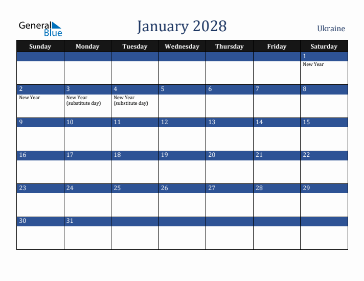 January 2028 Ukraine Calendar (Sunday Start)