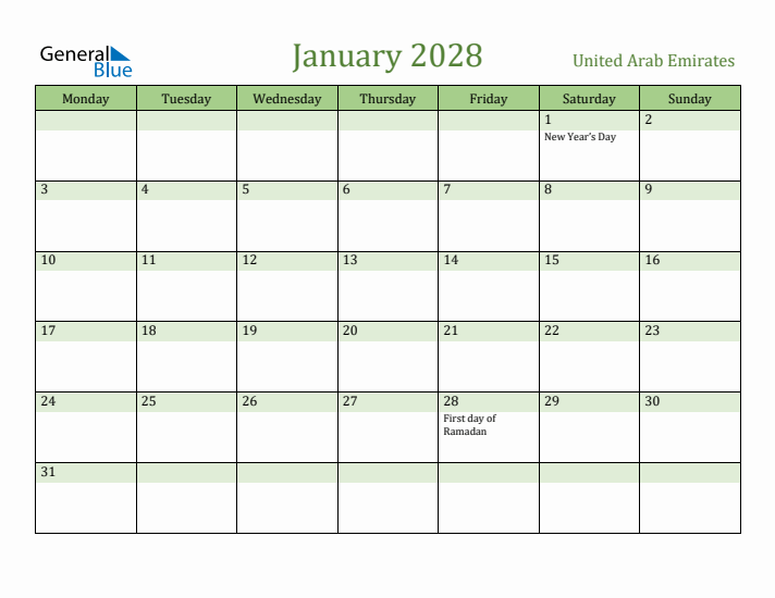 January 2028 Calendar with United Arab Emirates Holidays