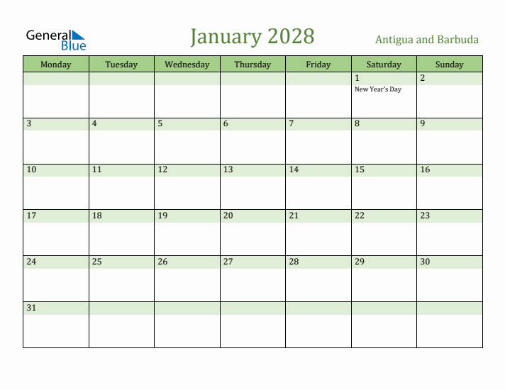 January 2028 Calendar with Antigua and Barbuda Holidays