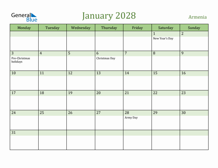 January 2028 Calendar with Armenia Holidays