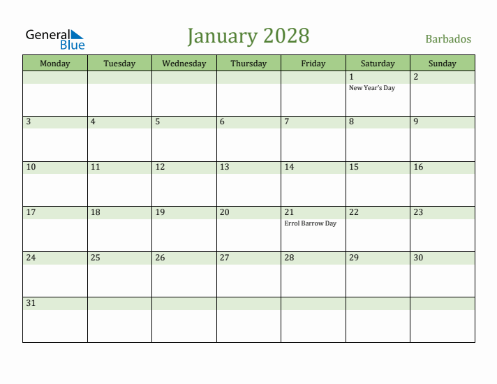 January 2028 Calendar with Barbados Holidays