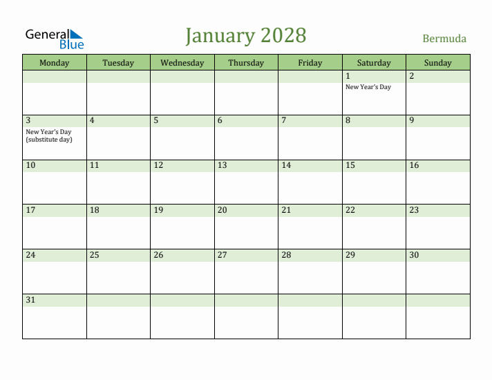 January 2028 Calendar with Bermuda Holidays