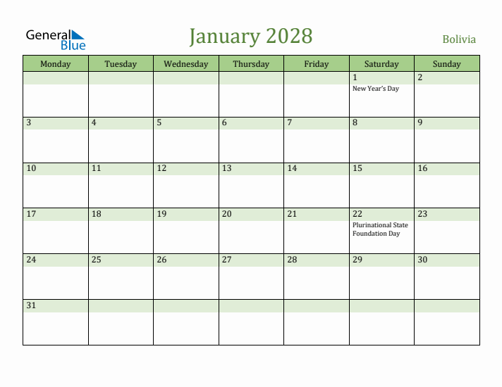 January 2028 Calendar with Bolivia Holidays