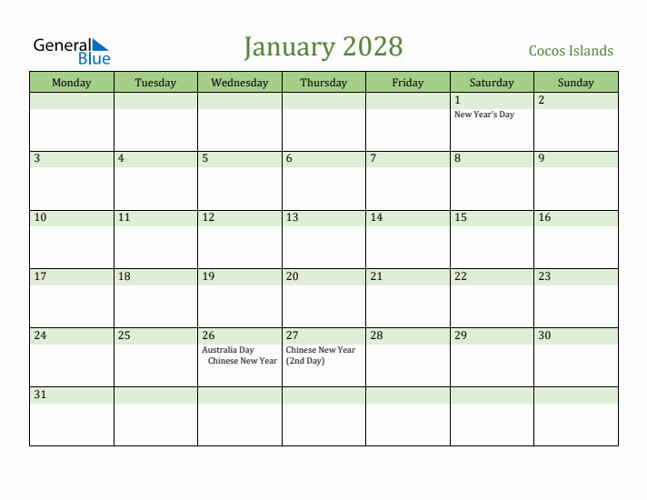 January 2028 Calendar with Cocos Islands Holidays