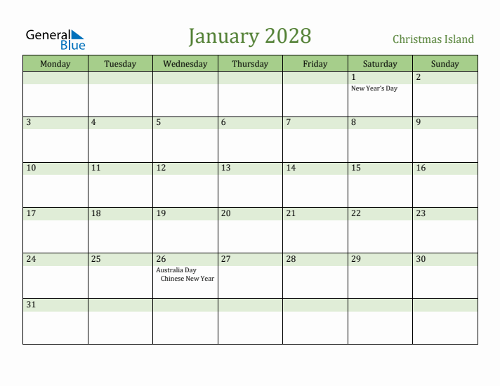 January 2028 Calendar with Christmas Island Holidays