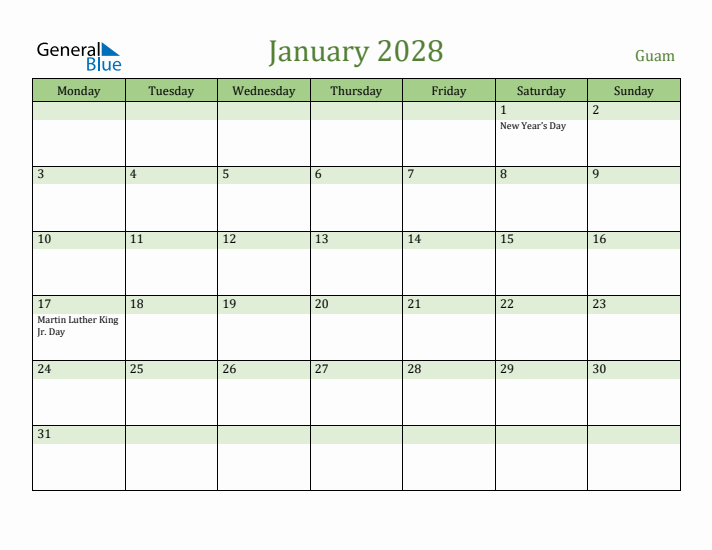 January 2028 Calendar with Guam Holidays