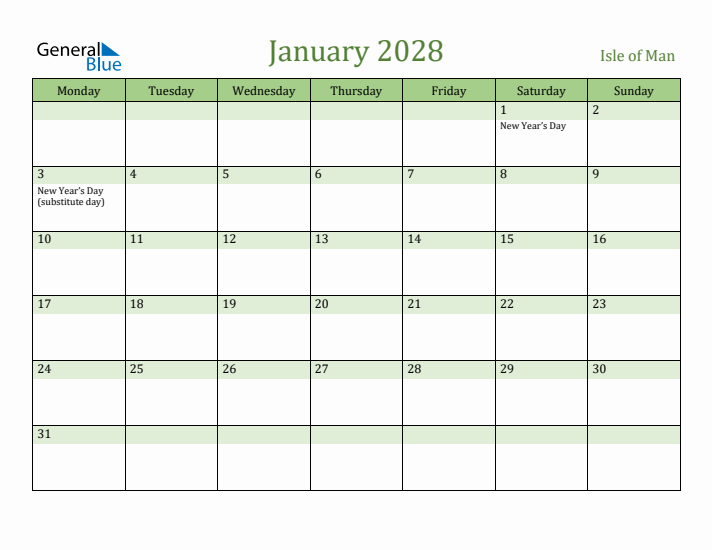 January 2028 Calendar with Isle of Man Holidays