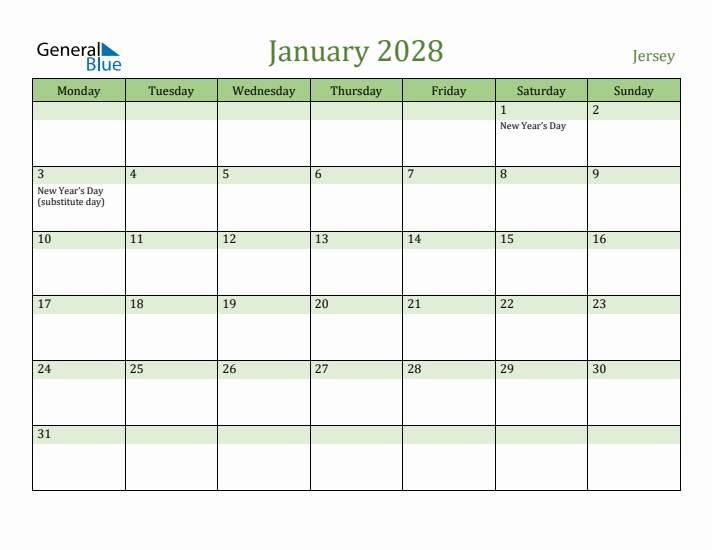 January 2028 Calendar with Jersey Holidays