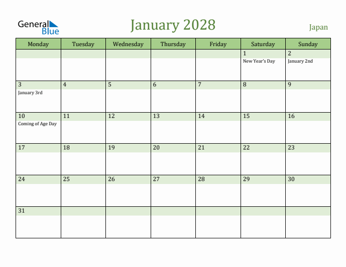 January 2028 Calendar with Japan Holidays